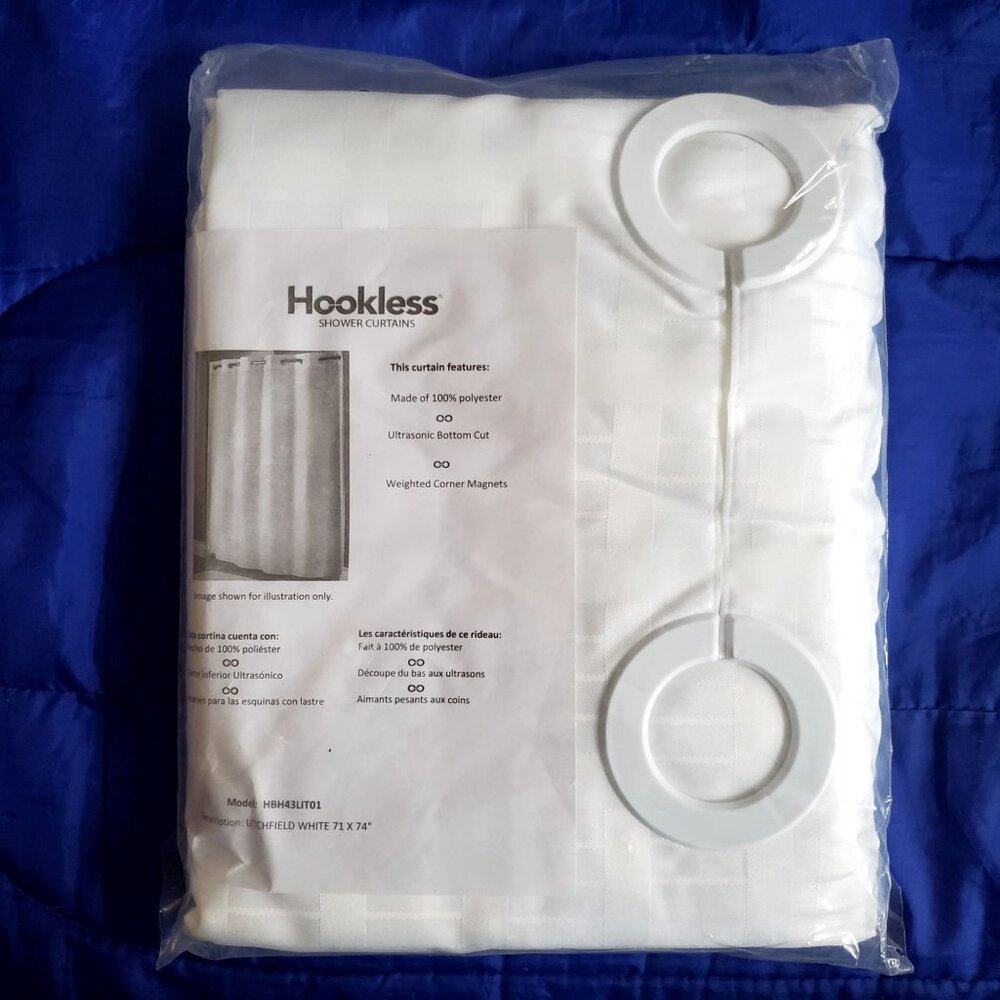 New Hookless Shower Curtain By Focus Hospitality White on White Geometric Sateen